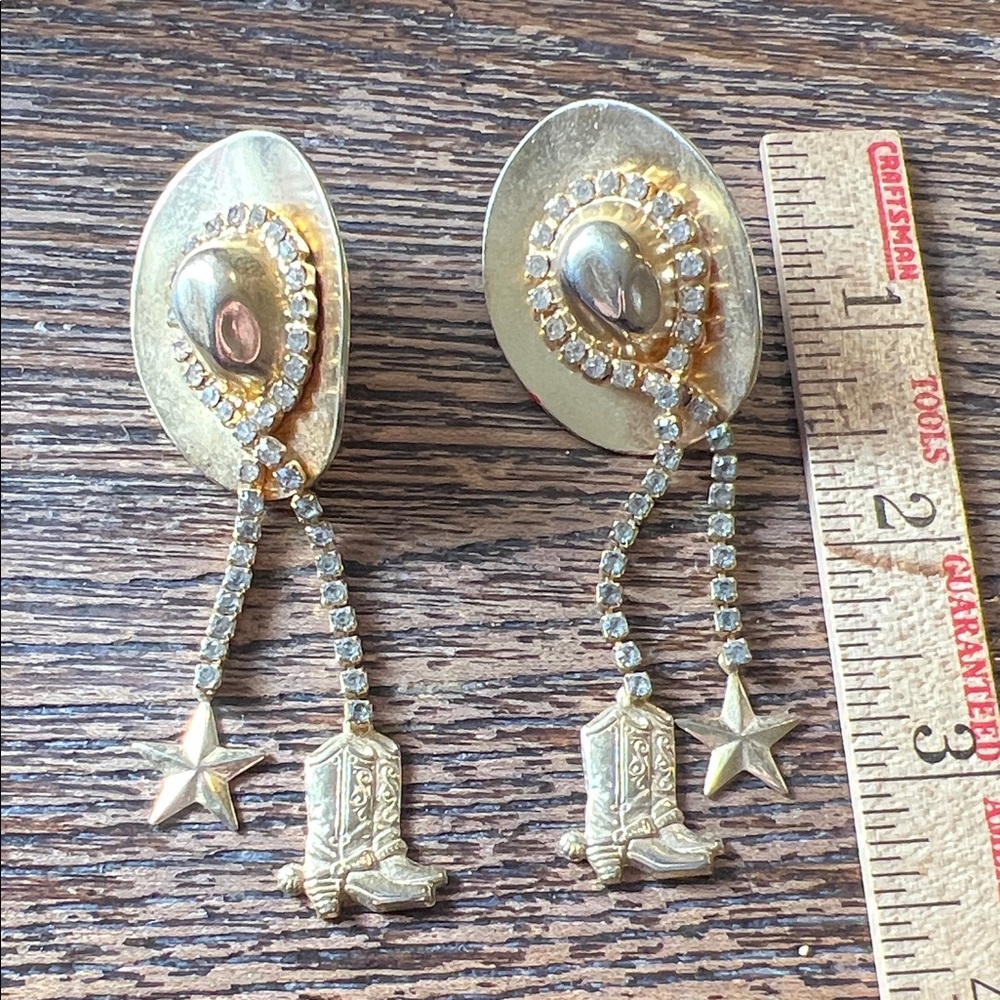 Vintage gold tone rhinestones dangle cowboy hat boot earrings